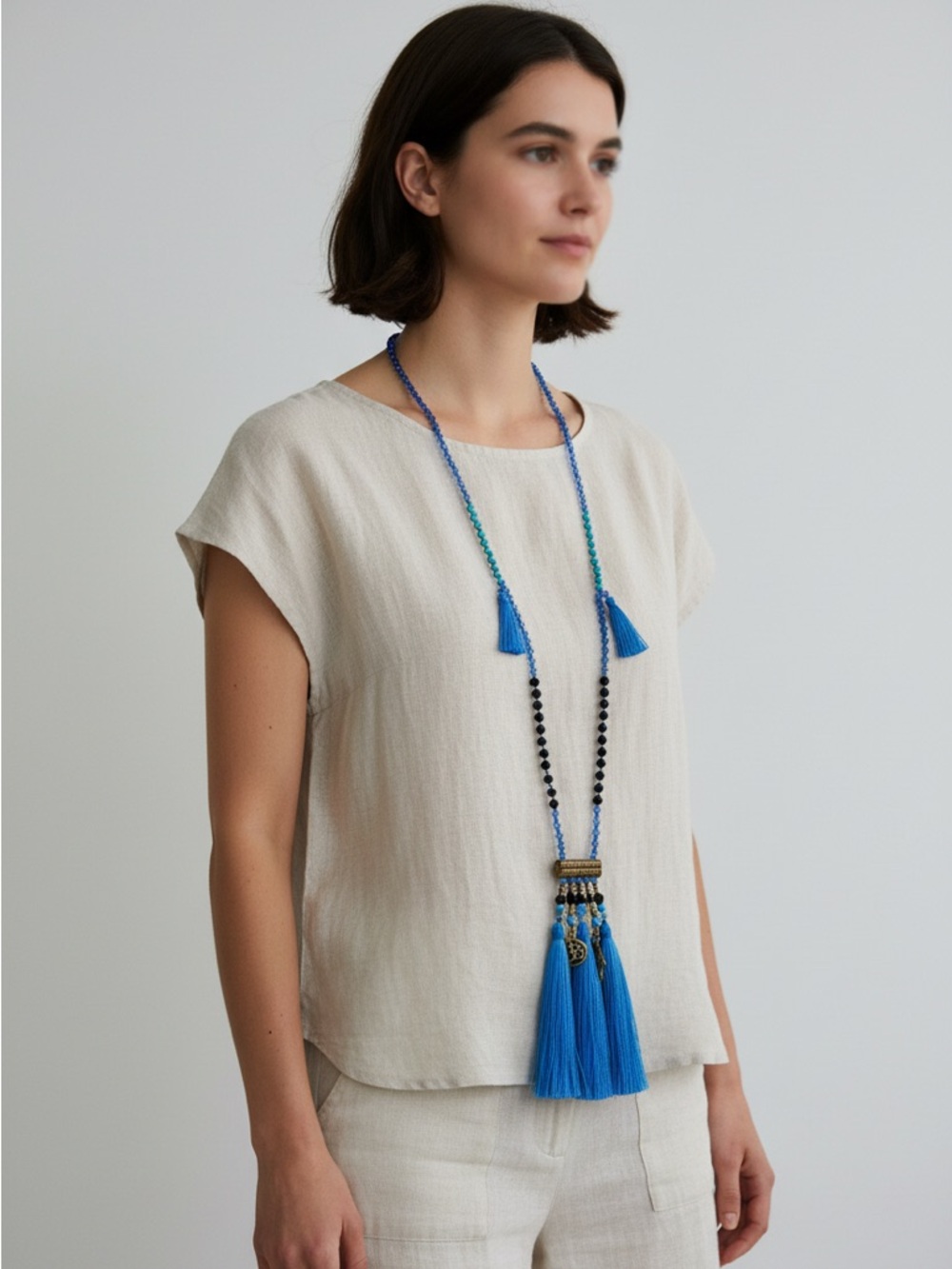 Bohemian Blue Glass, Turquoise Lava Rock Beaded Necklace with Tassel, Om & Hamsa